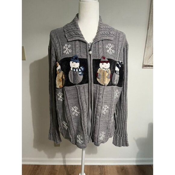EUC Storybook Knits Sweater Gray Cable Knit Snowman Full Zip Cardigan Snowflake - Picture 1 of 7